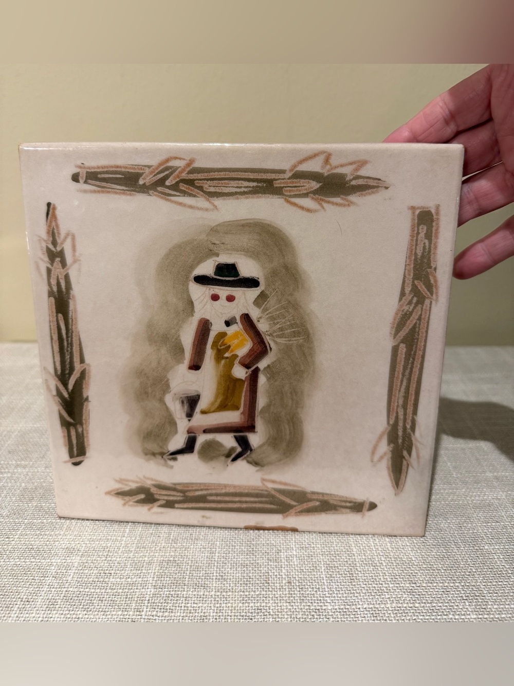 Marco e Cristina Italy Hand Painted Ceramic Art Tile Trivet Asparagus Folk Art